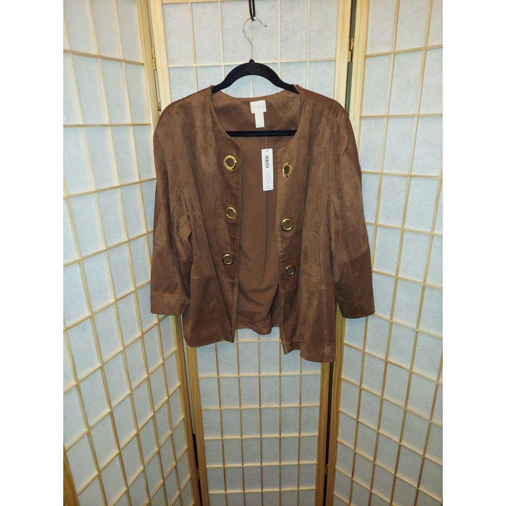 Chico's Autumn Brown faux Suede Jacket with Rich Gold Ring down each side of the
